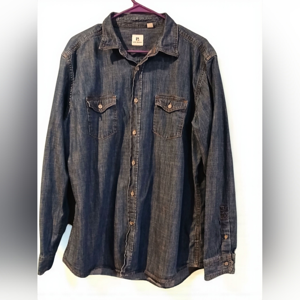 Life Khaki Blue Cotton Blend Denim Mens Long Sleeve Button Down Large Country